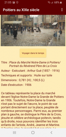 Capture d’écran de la notice du tableau d’Arthur Gué intitulé Place du Marché Notre-Dame à Poitiers / Portrait du Révérend Père de La Croix