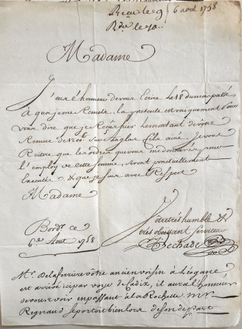 Lettre envoyée par Jean Béchade à Marie Madeleine Royer, épouse Regnaud de Beaumont, Bordeaux, 6 août 1758 (reçue le 9 août 1758)