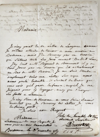 Lettre envoyée par Prévost à Marie Madeleine Royer, épouse Regnaud de Beaumont, Bordeaux, 3 novembre 1767 (reçue le 6 novembre 1767)