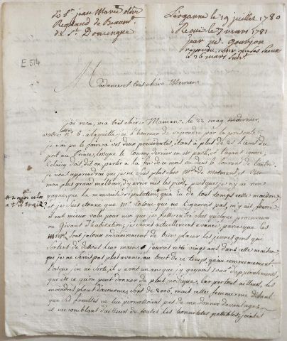 Première page d’une lettre envoyée par Jean Marie Olive Regnaud de Beaumont à sa mère Marie Madeleine Royer, Léogane (Saint-Domingue), 19 juillet 1780 (reçue le 7 mars 1781)