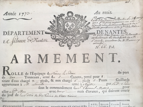 Extrait du rôle d’armement du Silvain de Nantes, 200 tonneaux, en partance pour Saint-Marc sur l’île de Saint-Domingue