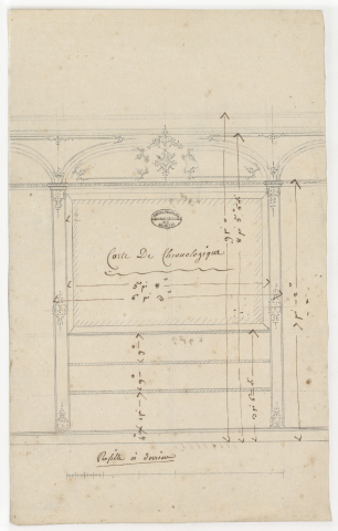 Élévation d’un panneau portant une carte chronologique dans la galerie de géographie de 1728