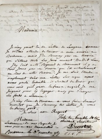 Lettre envoyée par Prévost à Marie Madeleine Royer, épouse Regnaud de Beaumont, Bordeaux, 3 novembre 1767 (reçue le 6 novembre 1767)