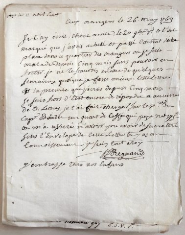 Lettre envoyée par Jean Séverin Regnaud de Beaumont à sa femme Marie Madeleine Royer, quartier des Orangers à Léogane (Saint-Domingue), 26 mai 1769 (reçue le 11 août 1769)