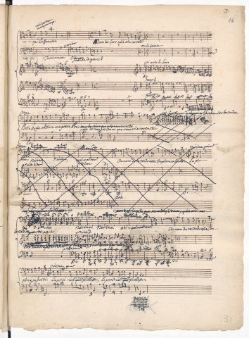 Exemple de musique biffée immédiatement suivie de la nouvelle version, acte II, sc. 8 (F Pn Rés. Vm2. 120, p. 21[31])