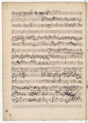 Exemple de la gestion du papier pour la composition de l’ariette de Nérine, « L’amant peu sensible et volage », acte I, sc. 1 (F Pn Rés. Vm2. 120, p. 2[6])