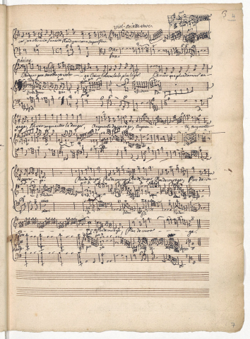 Exemple de la gestion du papier pour la composition de l’ariette de Nérine, « L’amant peu sensible et volage », acte I, sc. 1 (F Pn Rés. Vm2. 120, p. 3[7])