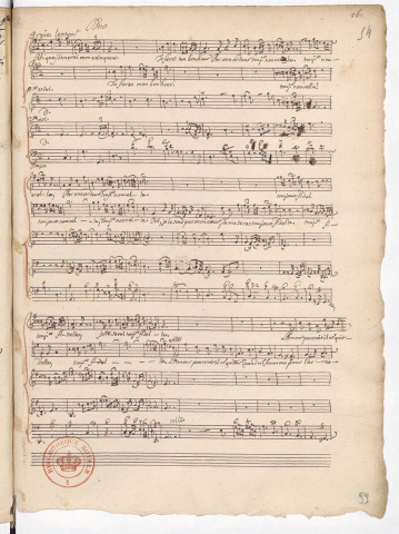 Nouveau duo pour Atis et Argie, « Ah ! que j’aimerai mon vainqueur » écrit intégralement à l’encre brune, inséré en remplacement d’un ancien duo perdu, acte III, sc. dernière (F Pn Rés. Vm2. 120, p. 16[99])