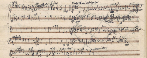 Exemple de deux esquisses de « Marche » instrumentale ne contenant que le dessus (F Pn Rés. Vm2. 120, p. 26[36], détail)