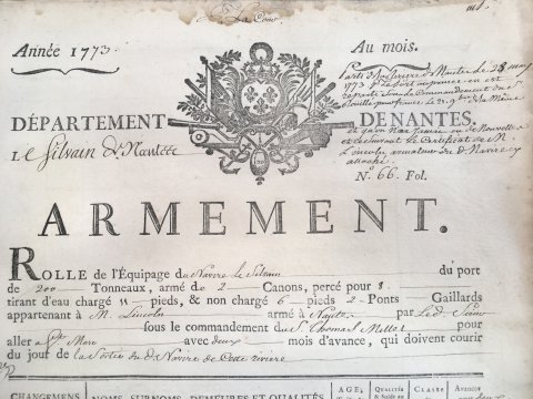 Extrait du rôle d’armement du Silvain de Nantes, 200 tonneaux, en partance pour Saint-Marc sur l’île de Saint-Domingue