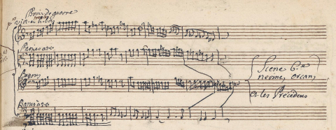 Bruit de guerre, acte I, sc. 6, qui sert de motif au début de la deuxième esquisse d’ouverture, p. [42] (F Pn Rés. Vm2. 120, p. 19[29], détail)